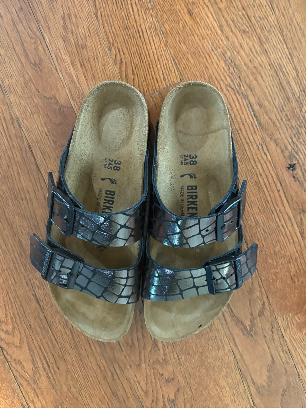 Birkenstock Two-Strap Sandals in Metallic Black Croc-Embossed